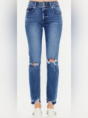 Kancan Pamela High Rise Slim Straight Jeans Medium Wash Distressed 28